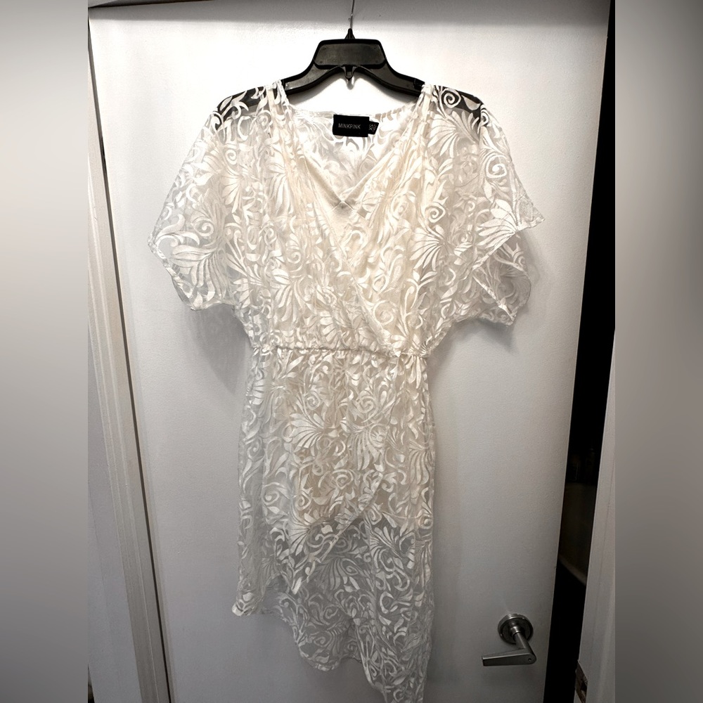 White Mink pink white lace dress with underdress size xs